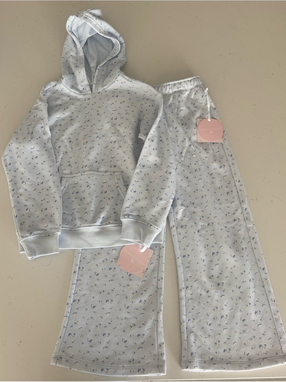 LOVESHACKFANCY Kids Light Blue French Terry Floral Hoodie & Wide-Leg Set 🎯